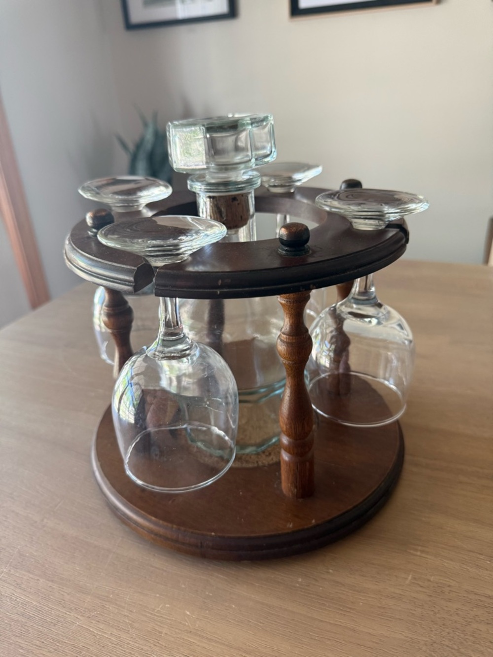 VINTAGE WINE DECANTER AND WINE GLASS HOLDER -WOODEN AND COPPER